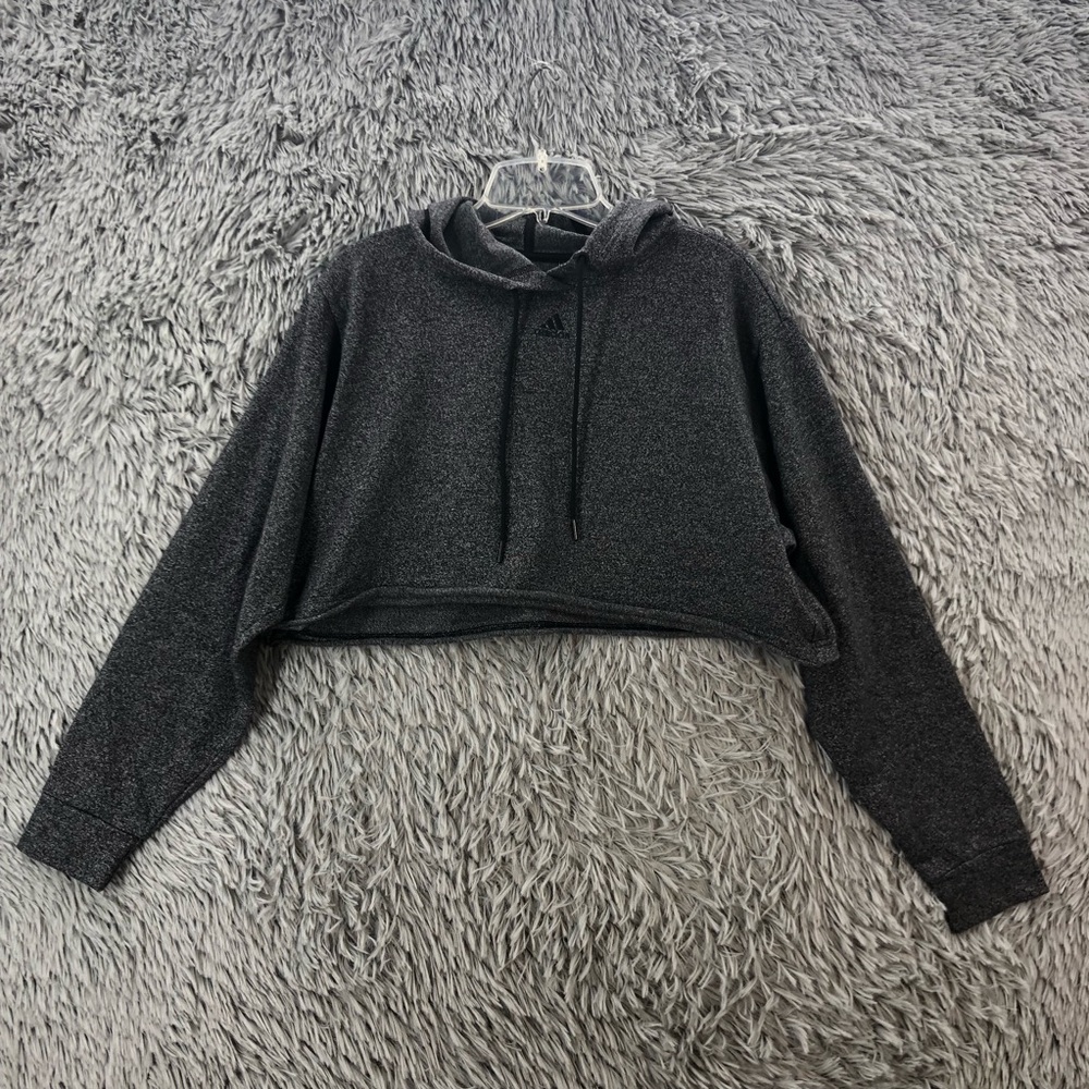 Adidas Hoodie Womens Medium 3 Bar Wash Cropped Gray Black Gray Drawstring